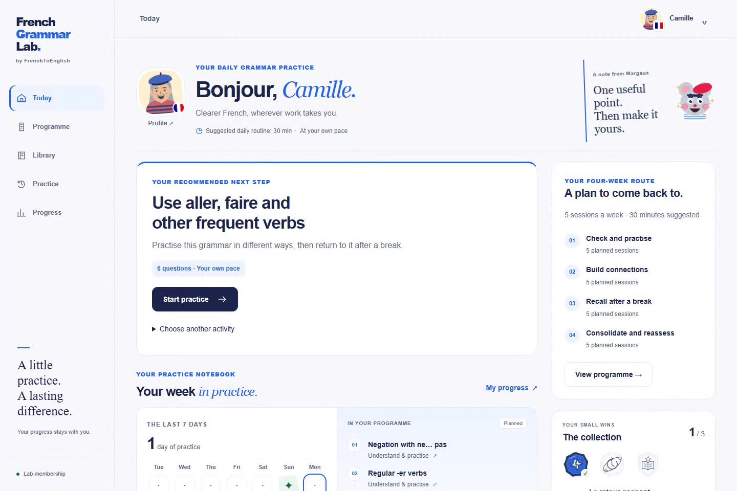 Inside French Grammar Lab: a personal programme, grammar practice and saved progress.