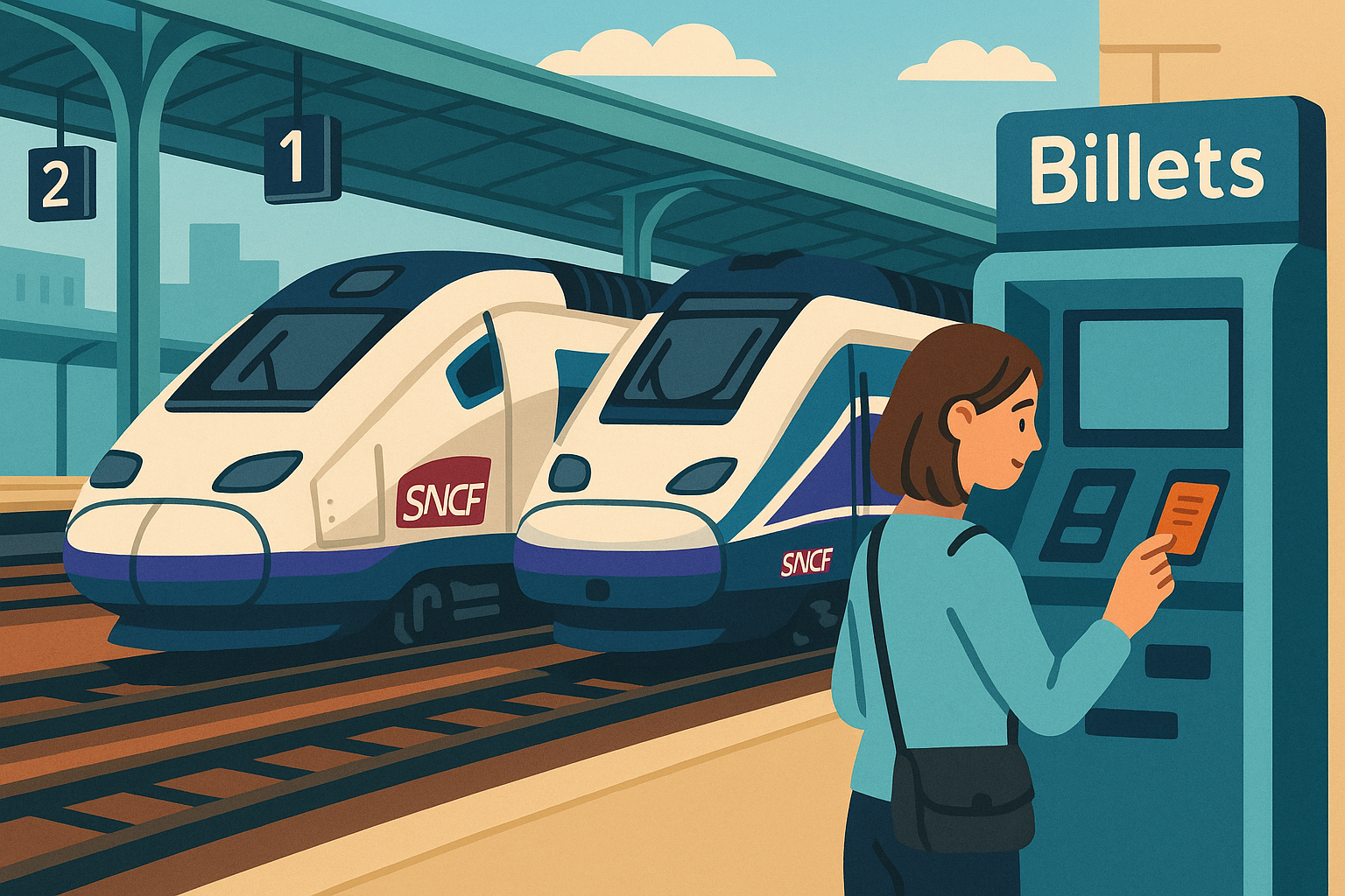 Buying train tickets in French at Paris Gare de l'Est — counters, ticket machines, and TGV platforms