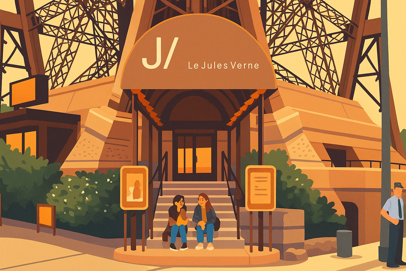 French restaurant booking phrases illustrated at Le Jules Verne, Eiffel Tower — reserve, arrive, and order