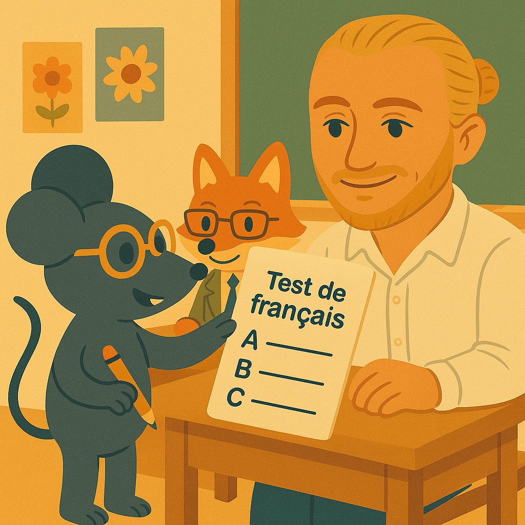 Illustration of a French level quiz: progress, CEFR bands, and friendly UI