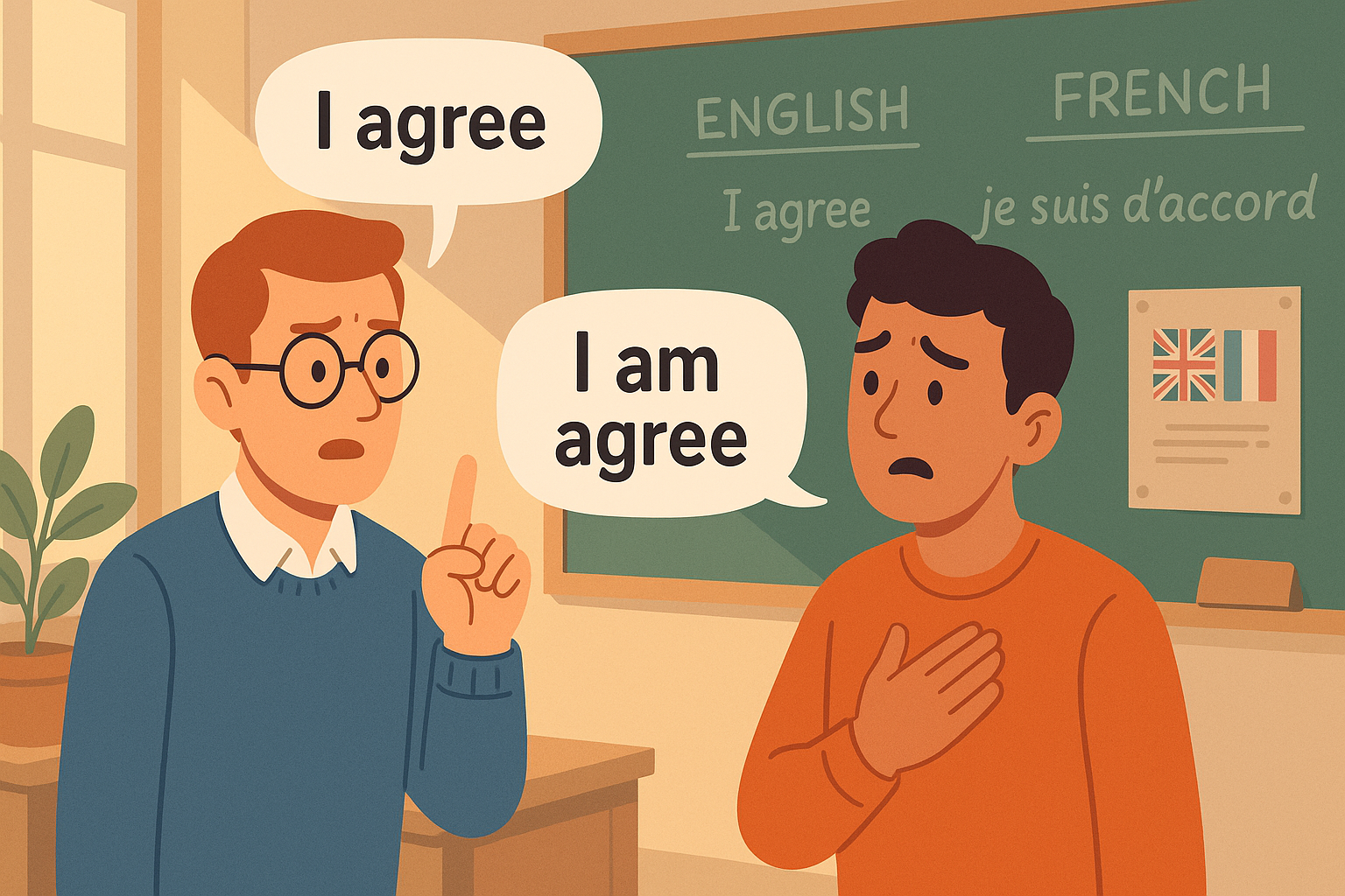 Why French speakers say I am agree grammar mistake explanation