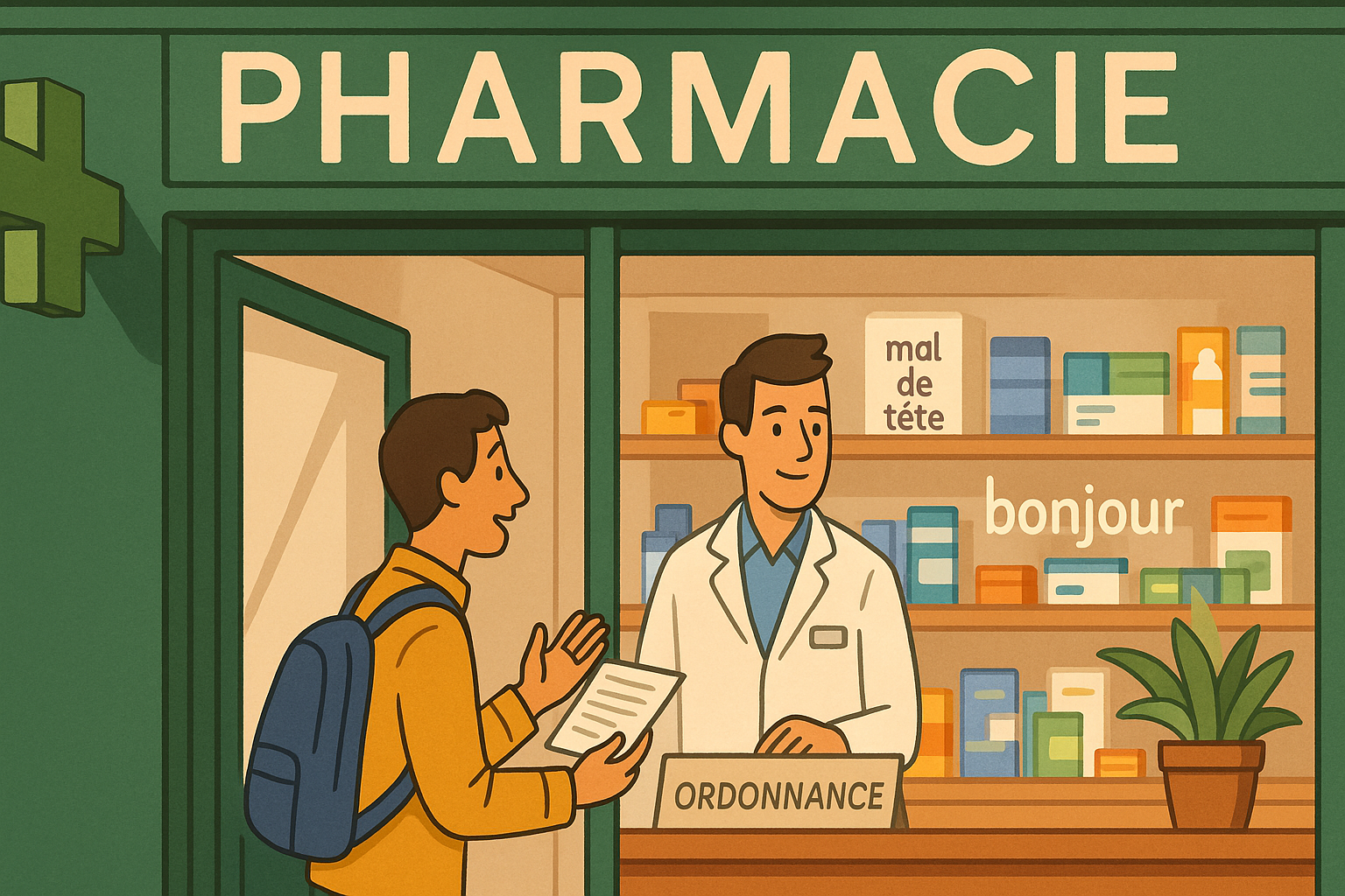 French pharmacy phrases at a French pharmacie counter — symptoms, dosage, OTC advice