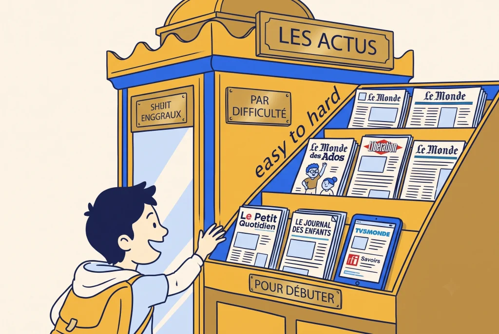 Illustration of beginner friendly French news sources ranked by difficulty at a newsstand