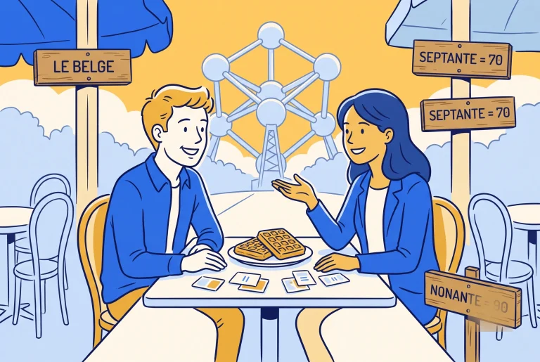 Illustration of Belgian French expressions, two people at a cafe with septante and nonante signs