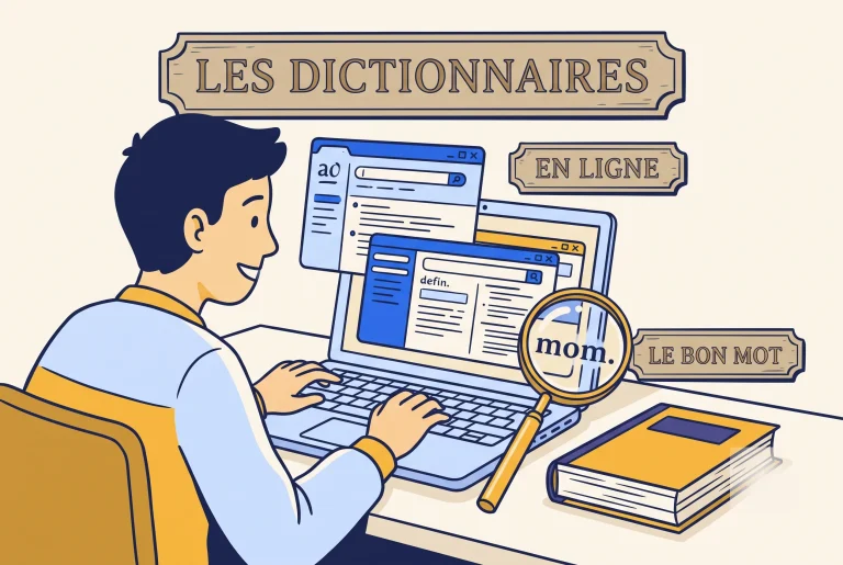 Illustration of the best online French dictionaries on a laptop with a magnifying glass