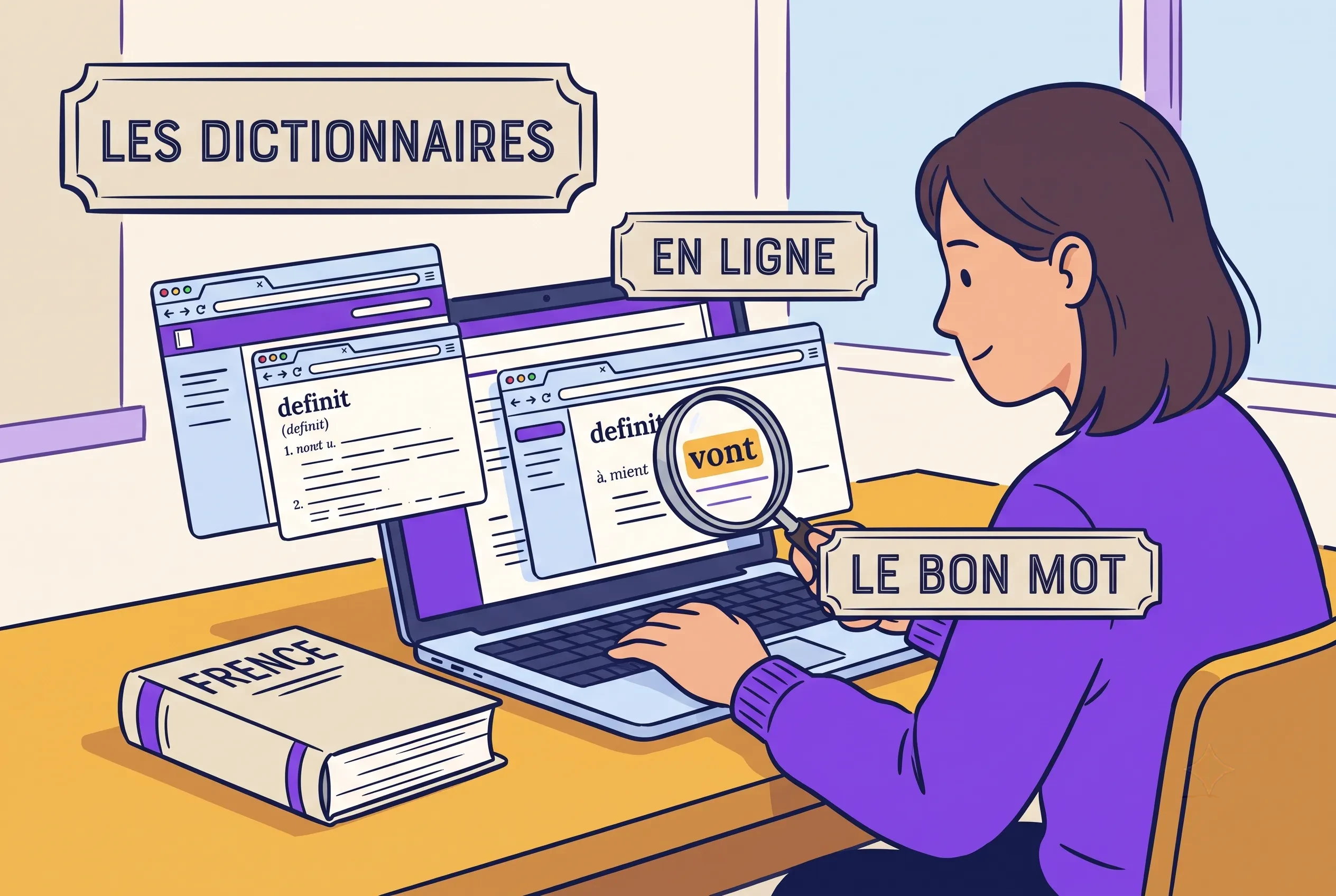 Illustration of the best online French dictionaries on a laptop with a magnifying glass
