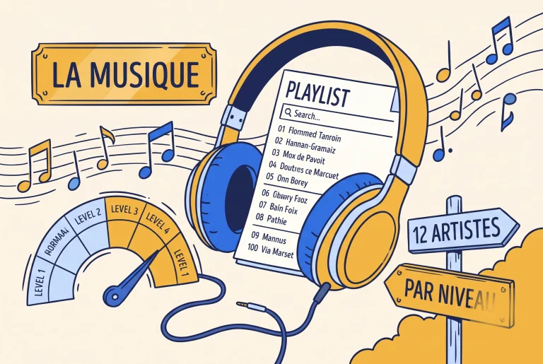 Illustration of the best French music to learn French, headphones and a playlist ranked by level