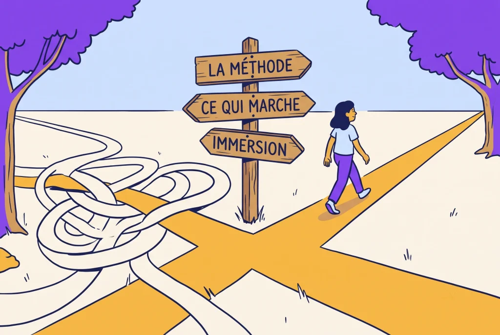 Illustration of the best way to learn French, a learner on a clear road past tangled method paths