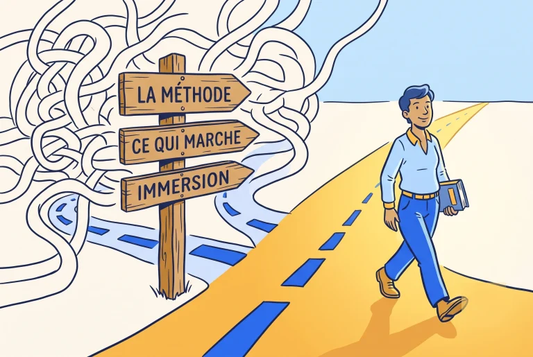 Illustration of the best way to learn French, a learner on a clear road past tangled method paths
