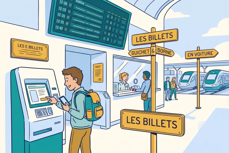 Illustration of buying train tickets in French at a station machine and counter