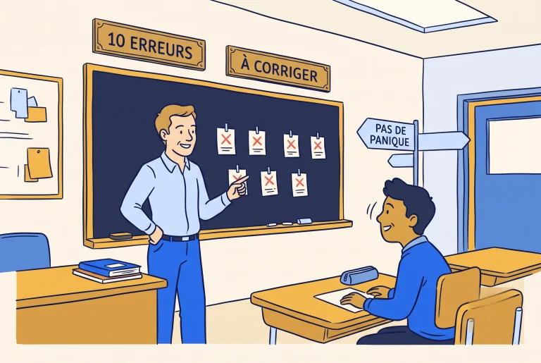 Illustration of a teacher pointing at common French mistakes on a chalkboard for English speakers