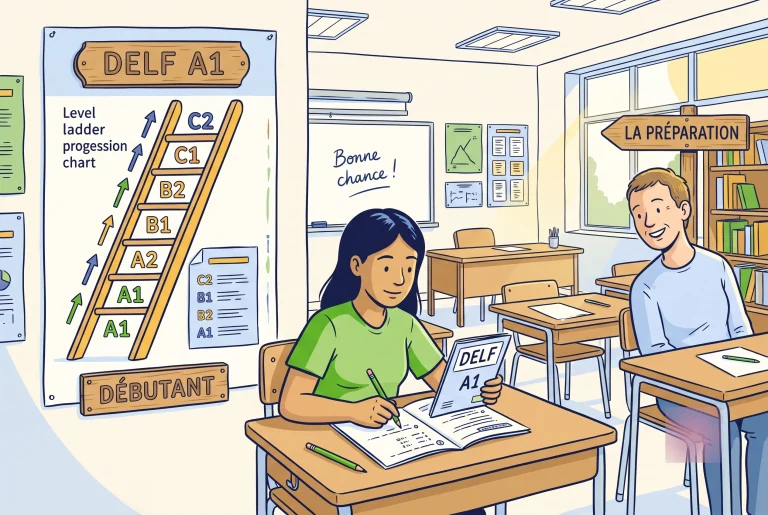 DELF A1 exam preparation illustration with a beginner student and a CEFR level ladder from A1 to C2