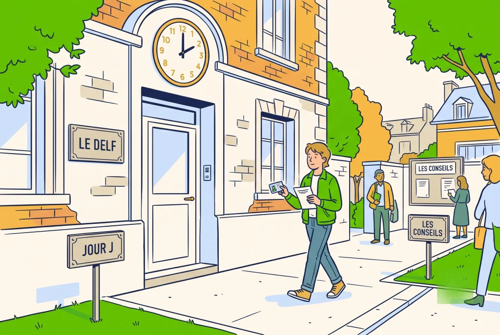 Illustration of a calm candidate arriving at a French exam centre on DELF exam day