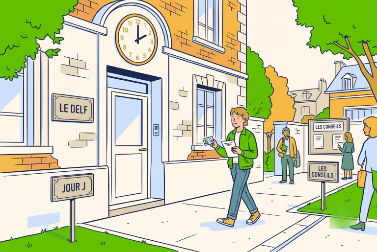 Illustration of a calm candidate arriving at a French exam centre on DELF exam day
