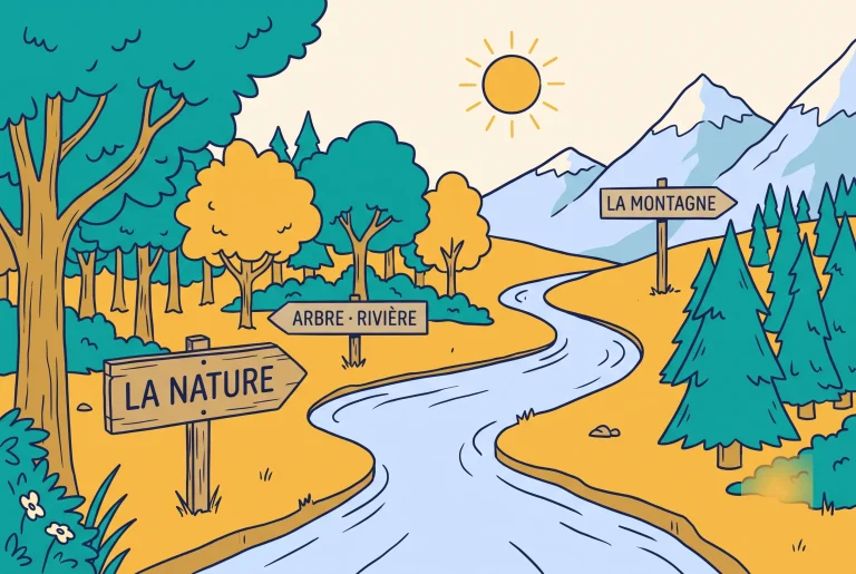 Illustration of describing nature in French with trees, a river and mountains