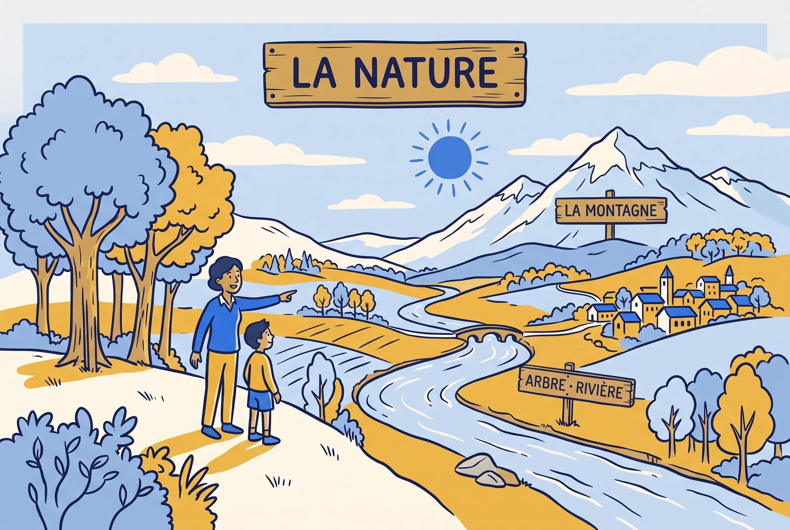 Illustration of describing nature in French with trees, a river and mountains
