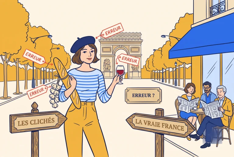 Illustration exposing Emily in Paris French mistakes and cultural cliches