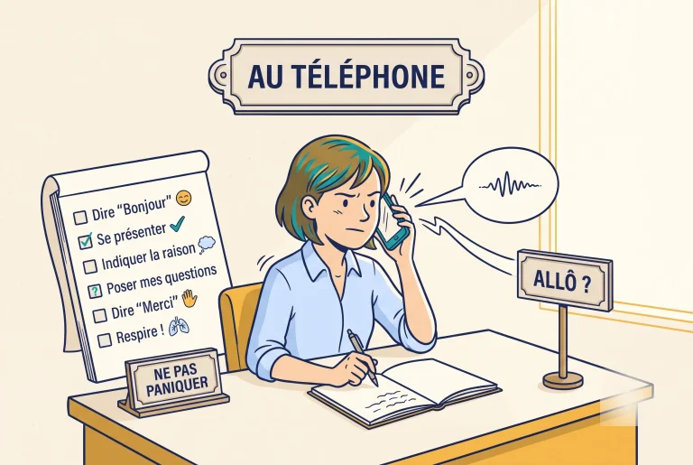 Illustration of surviving your first French phone call with a reassuring checklist