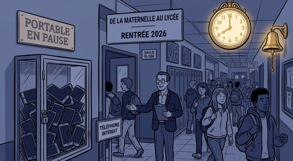 French high school corridor with phones locked in a Portable en pause box and a Rentree 2026 sign, illustrating the 2026 school phone ban