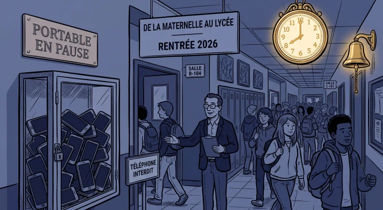 French high school corridor with phones locked in a Portable en pause box and a Rentree 2026 sign, illustrating the 2026 school phone ban