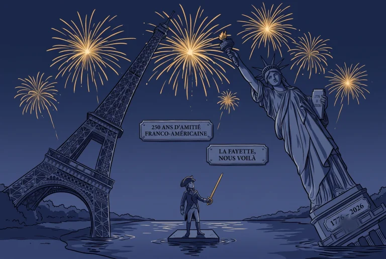 The Eiffel Tower and the Statue of Liberty with fireworks and the Marquis de Lafayette marking 250 years of Franco-American friendship 1776 to 2026
