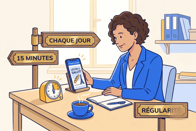 Illustration of a busy professional doing a 15 minute daily French routine at a desk