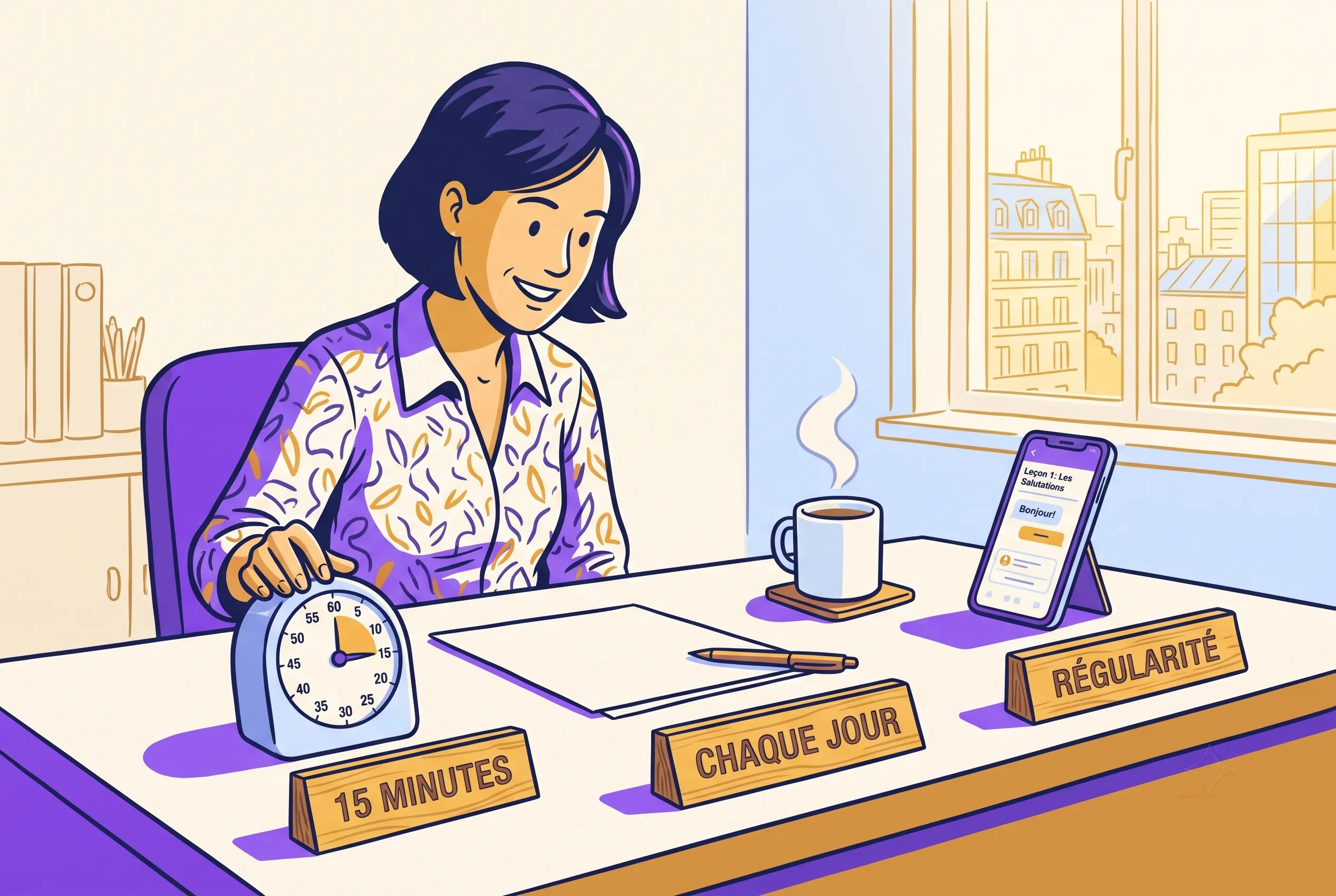 Illustration of a busy professional doing a 15 minute daily French routine at a desk