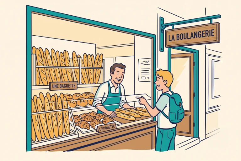 Illustration of French bakery culture, ordering a baguette at a boulangerie