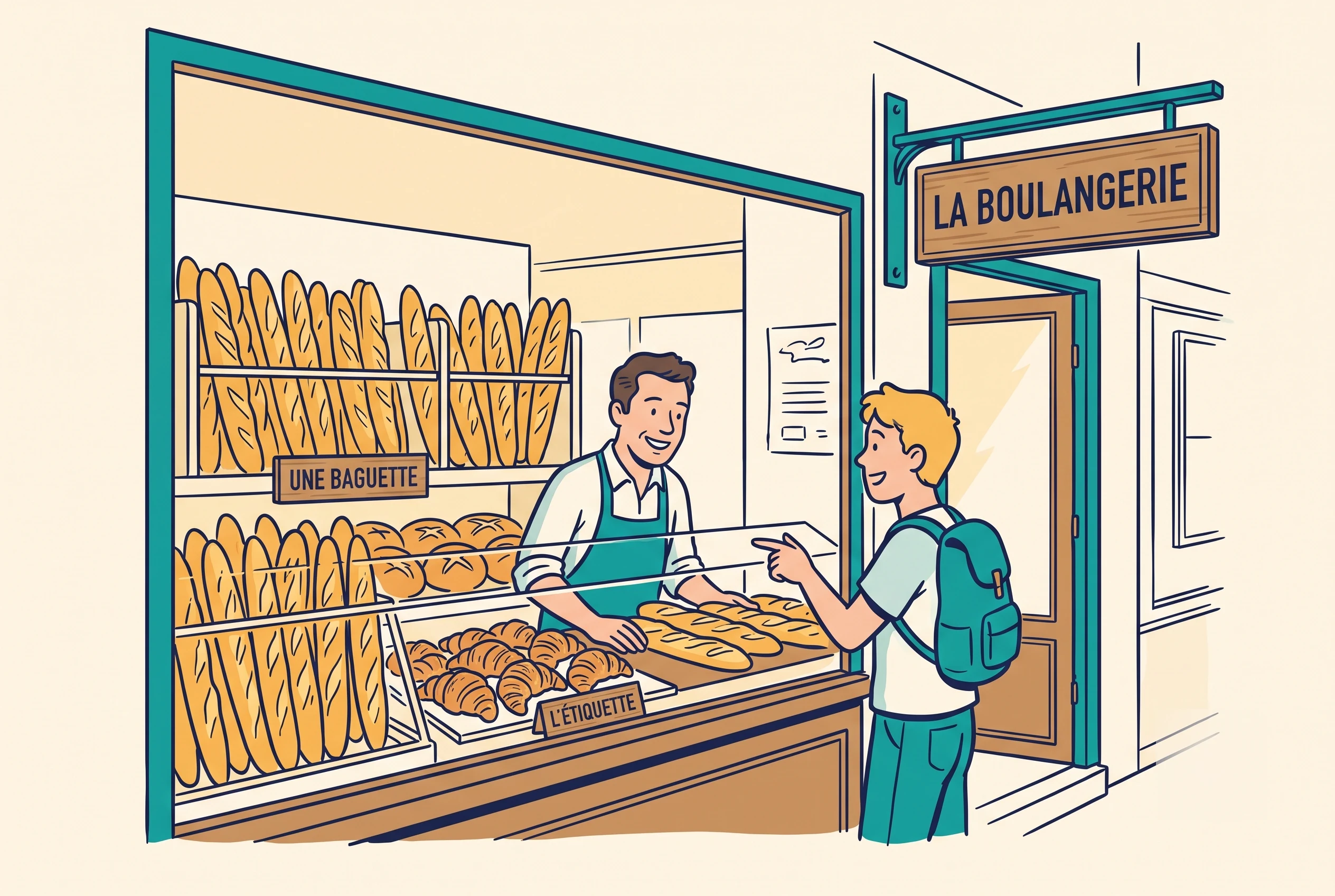 Illustration of French bakery culture, ordering a baguette at a boulangerie