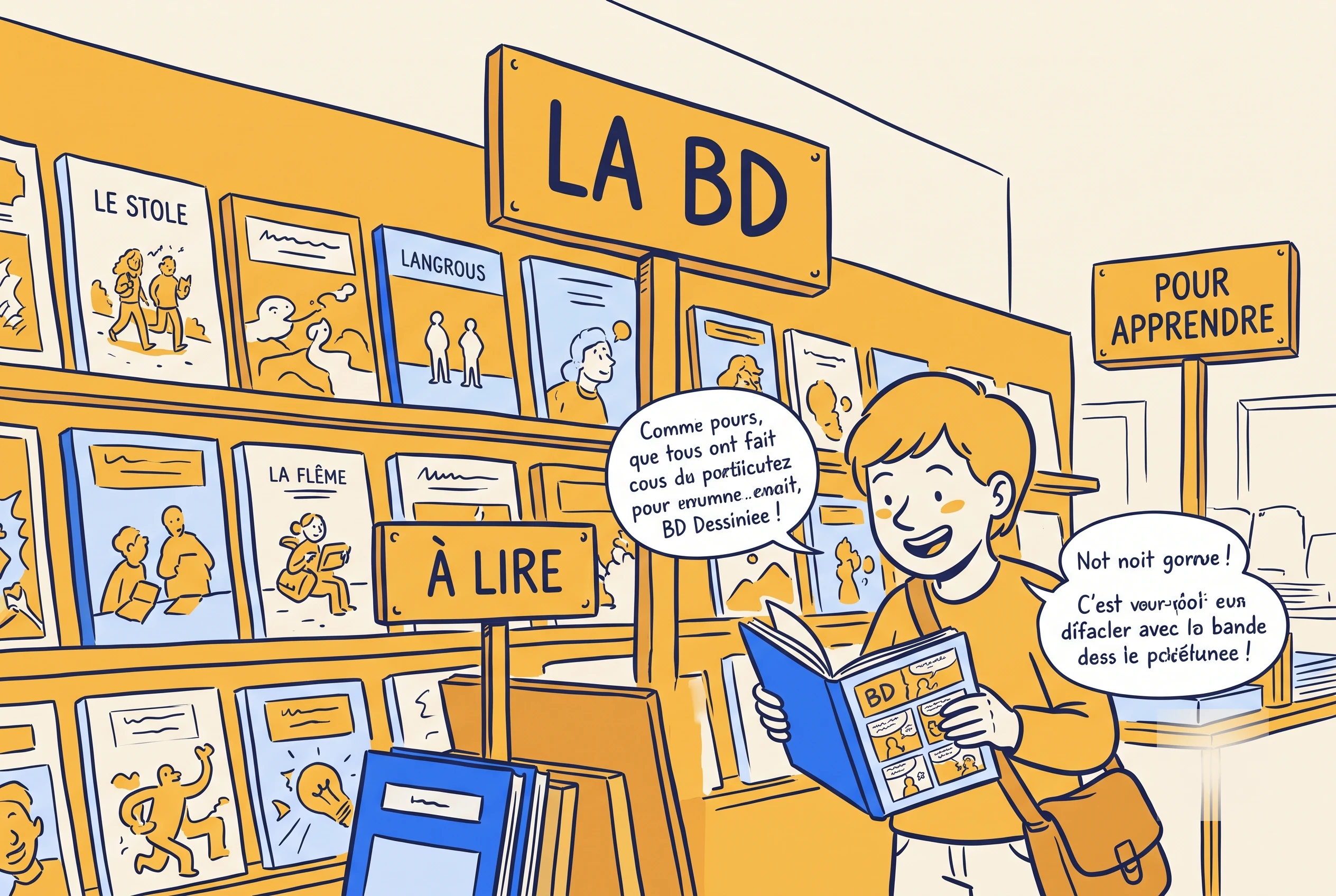 Illustration of French bande dessinee comics on a shop wall for language learners