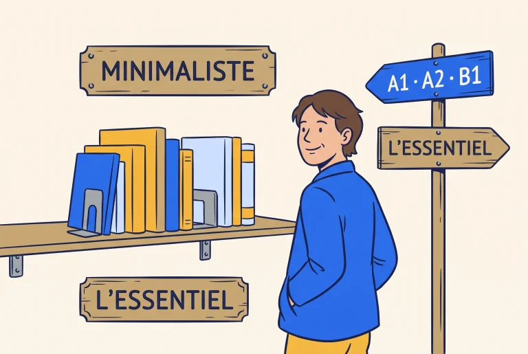 Illustration of a minimalist French book shelf for A1 A2 and B1 learners