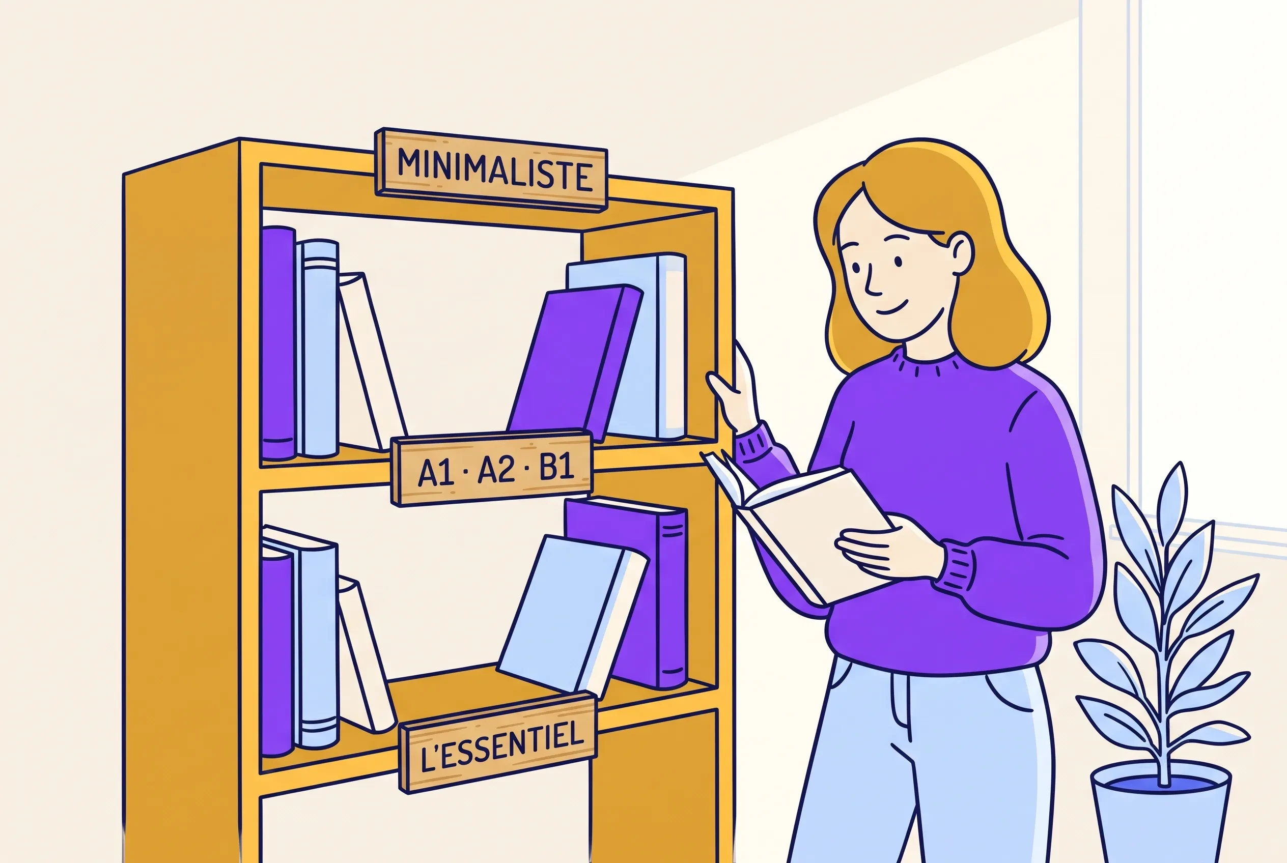 Illustration of a minimalist French book shelf for A1 A2 and B1 learners
