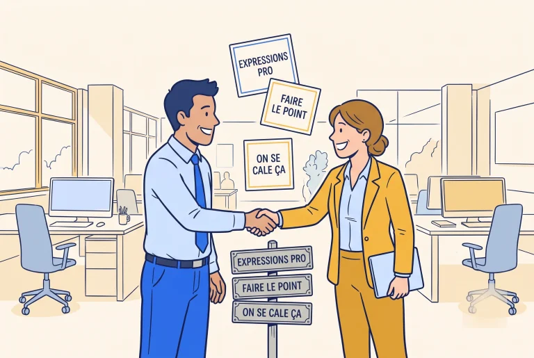 Illustration of French business expressions in an office with faire le point signs