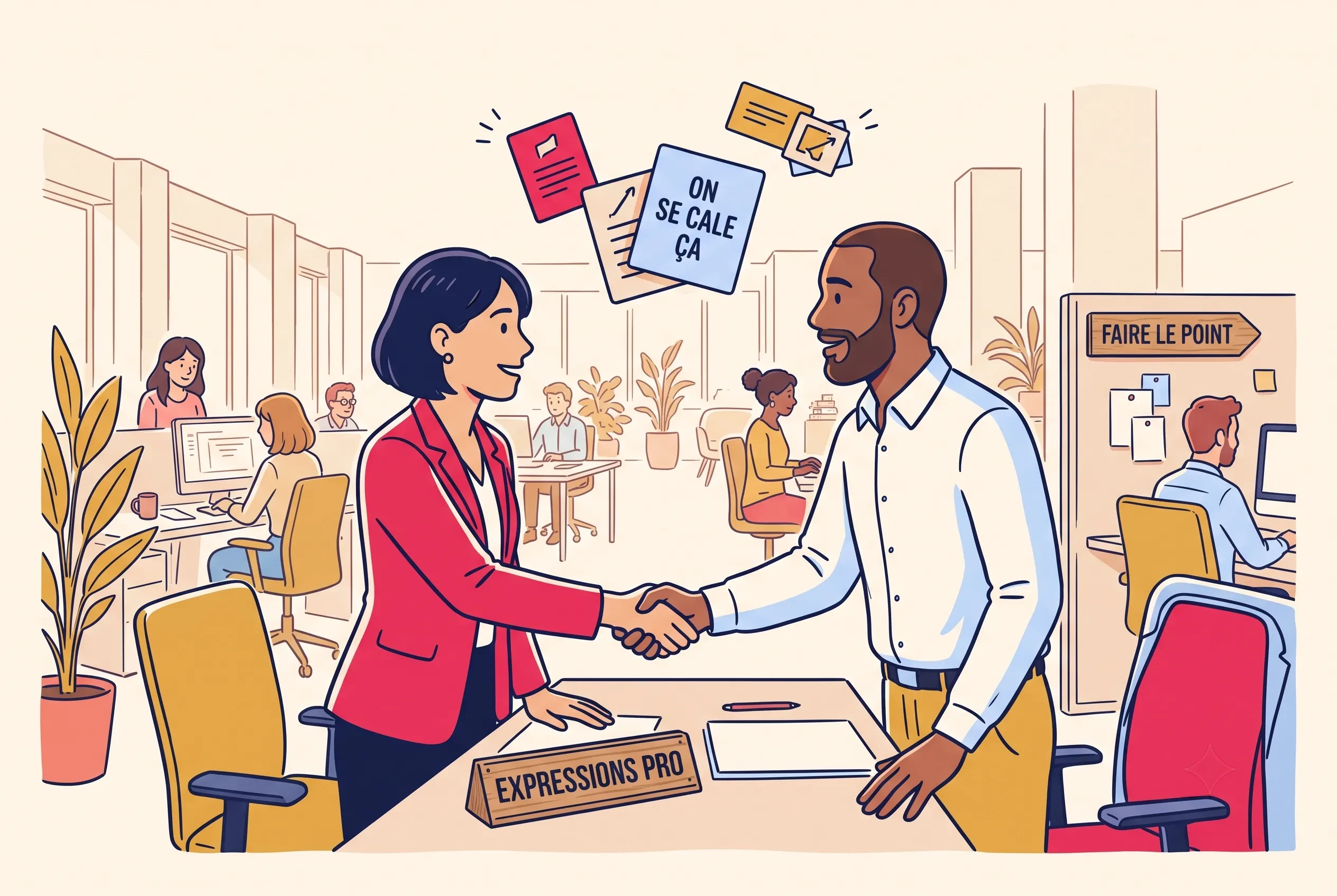 Illustration of French business expressions in an office with faire le point signs