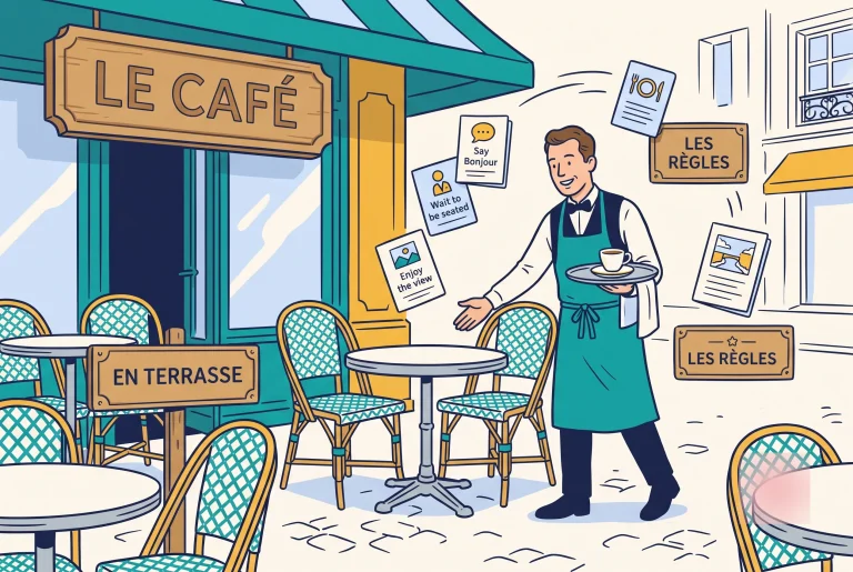Illustration of French cafe culture rules on a classic terrace with a waiter