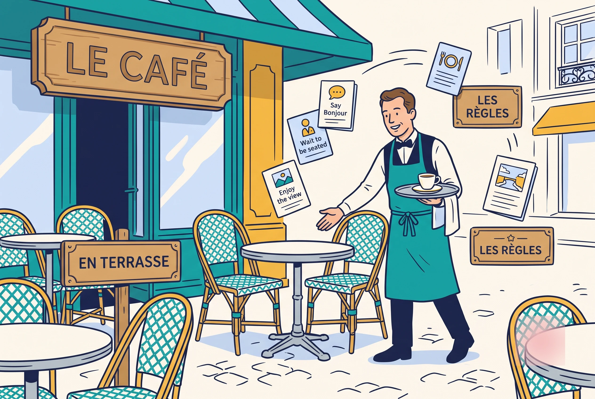 Illustration of French cafe culture rules on a classic terrace with a waiter