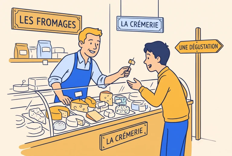 Illustration of French cheese culture at a cheese counter with a fromager