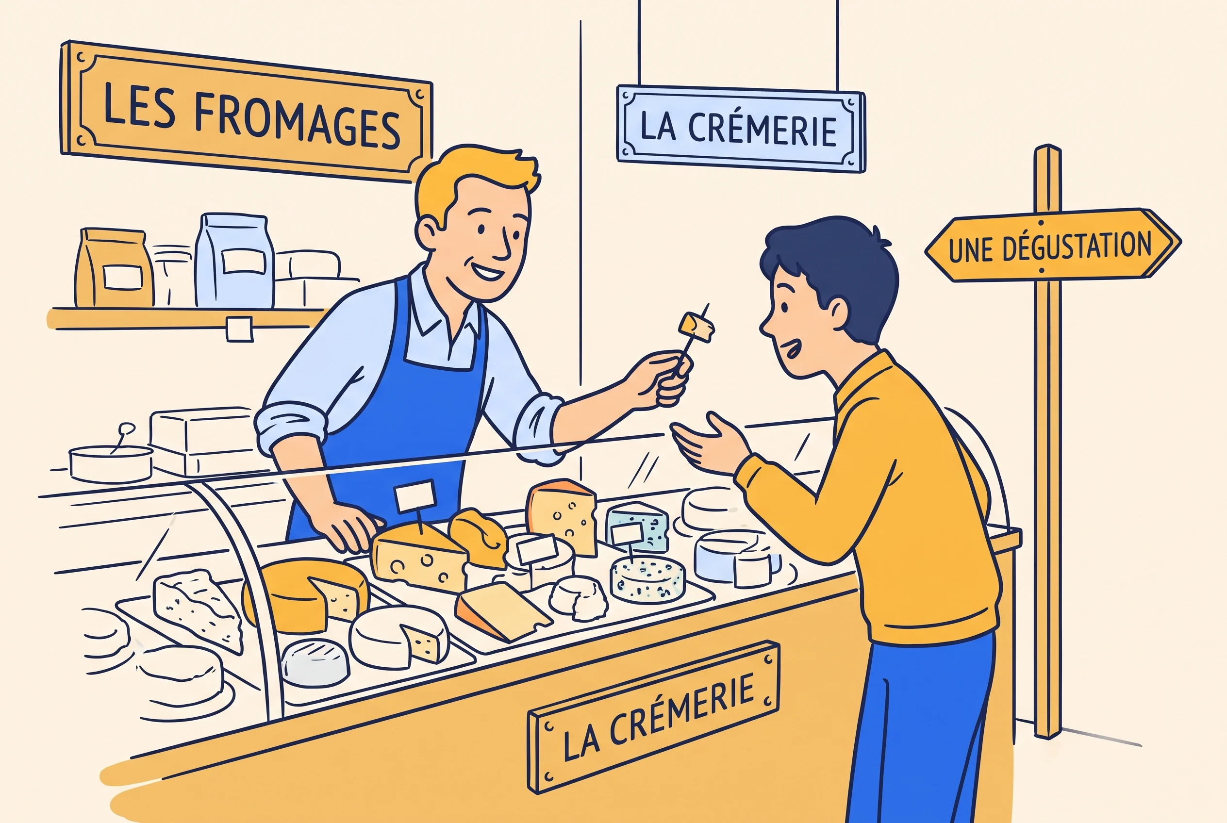 Illustration of French cheese culture at a cheese counter with a fromager