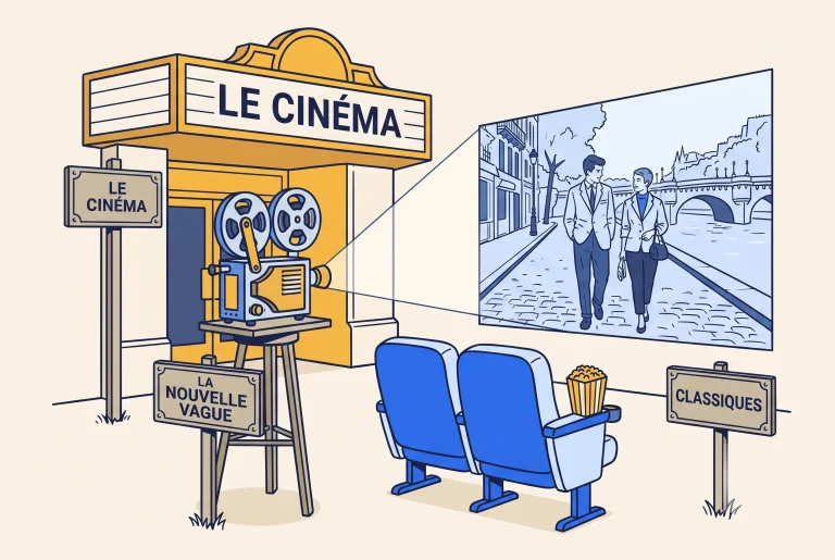 Illustration of French cinema classics and the New Wave at an old cinema