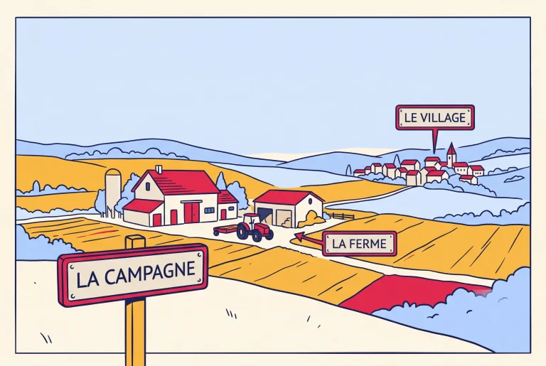 Illustration of French countryside vocabulary with a farm, fields and a village