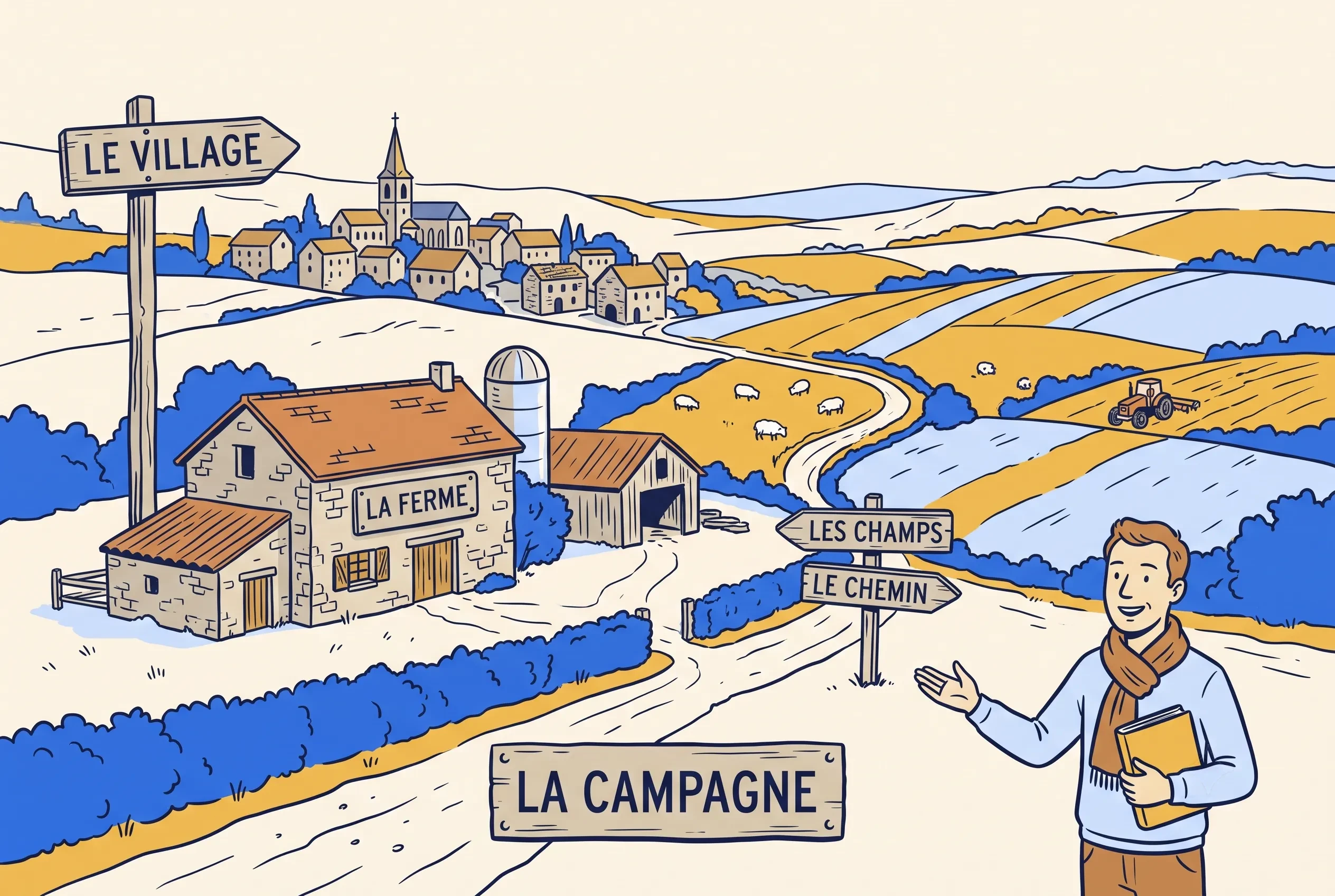Illustration of French countryside vocabulary with a farm, fields and a village