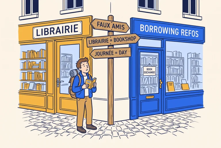 Illustration of French false friends, a traveller between a librairie bookshop and a book exchange
