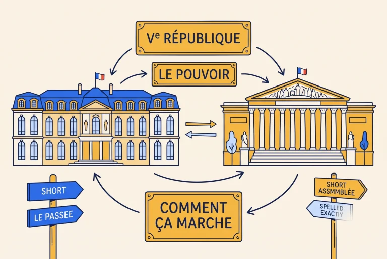 Illustration of the French Fifth Republic, the Elysee and the Assemblee and how power works