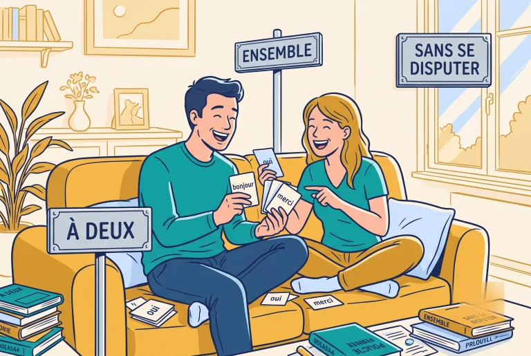Illustration of a couple learning French together without arguing