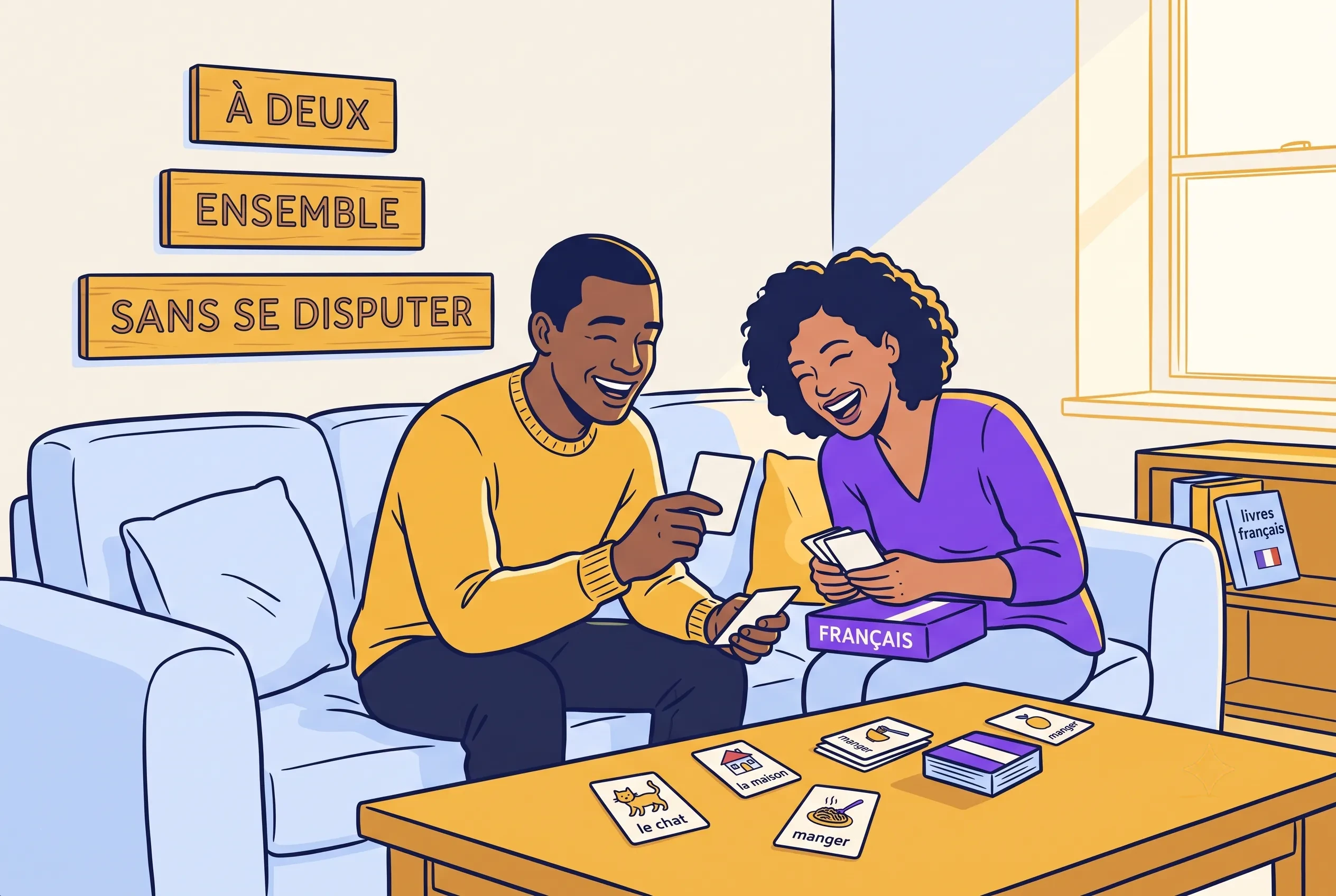 Illustration of a couple learning French together without arguing