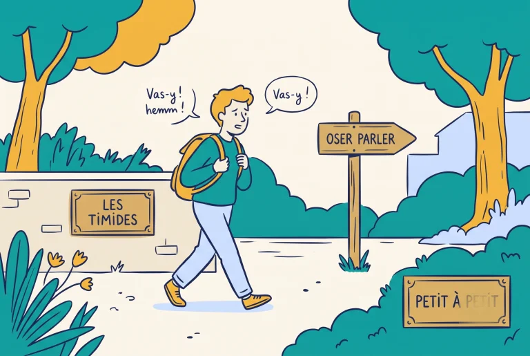 Illustration of French for shy beginners taking a first step to speak