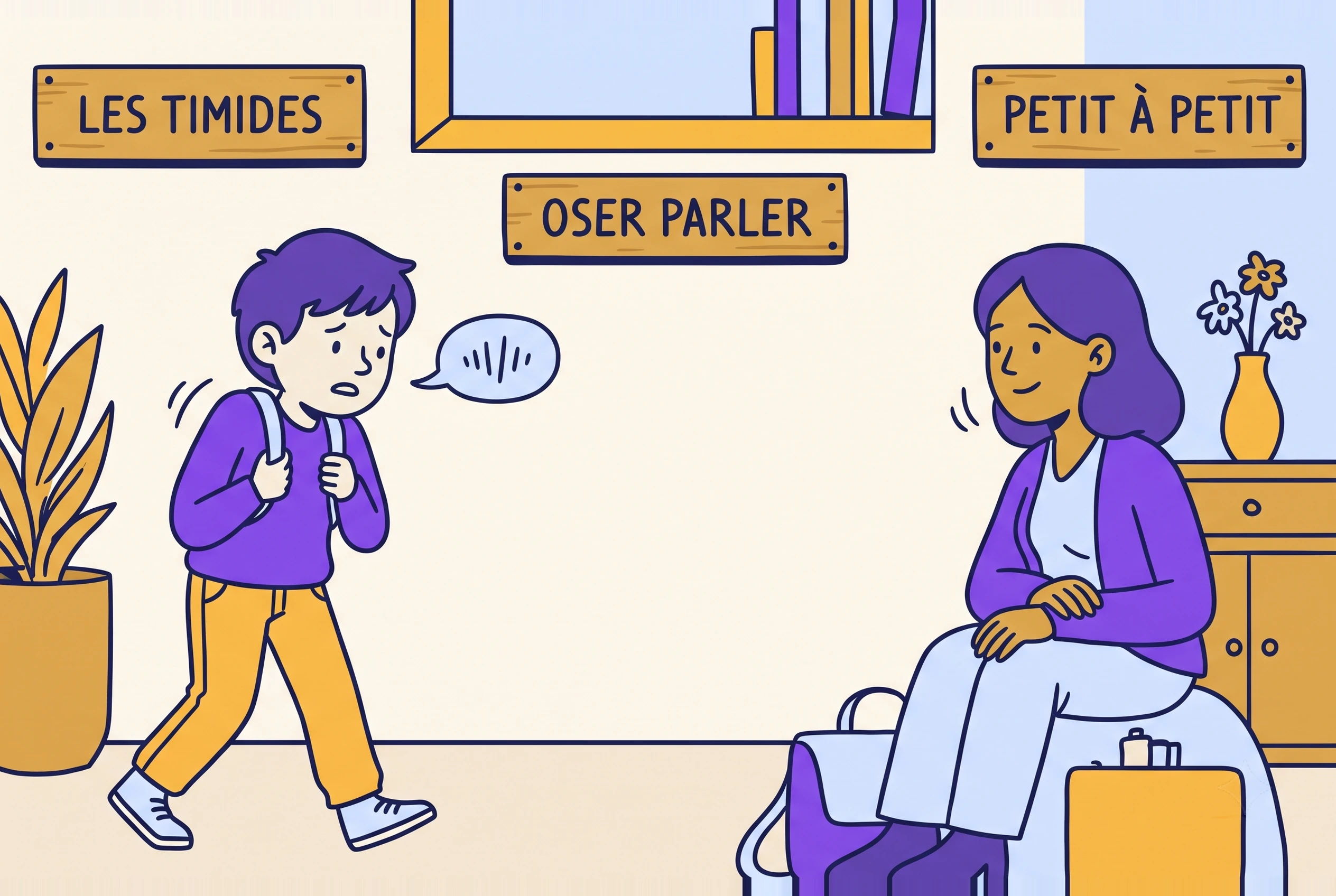 Illustration of French for shy beginners taking a first step to speak