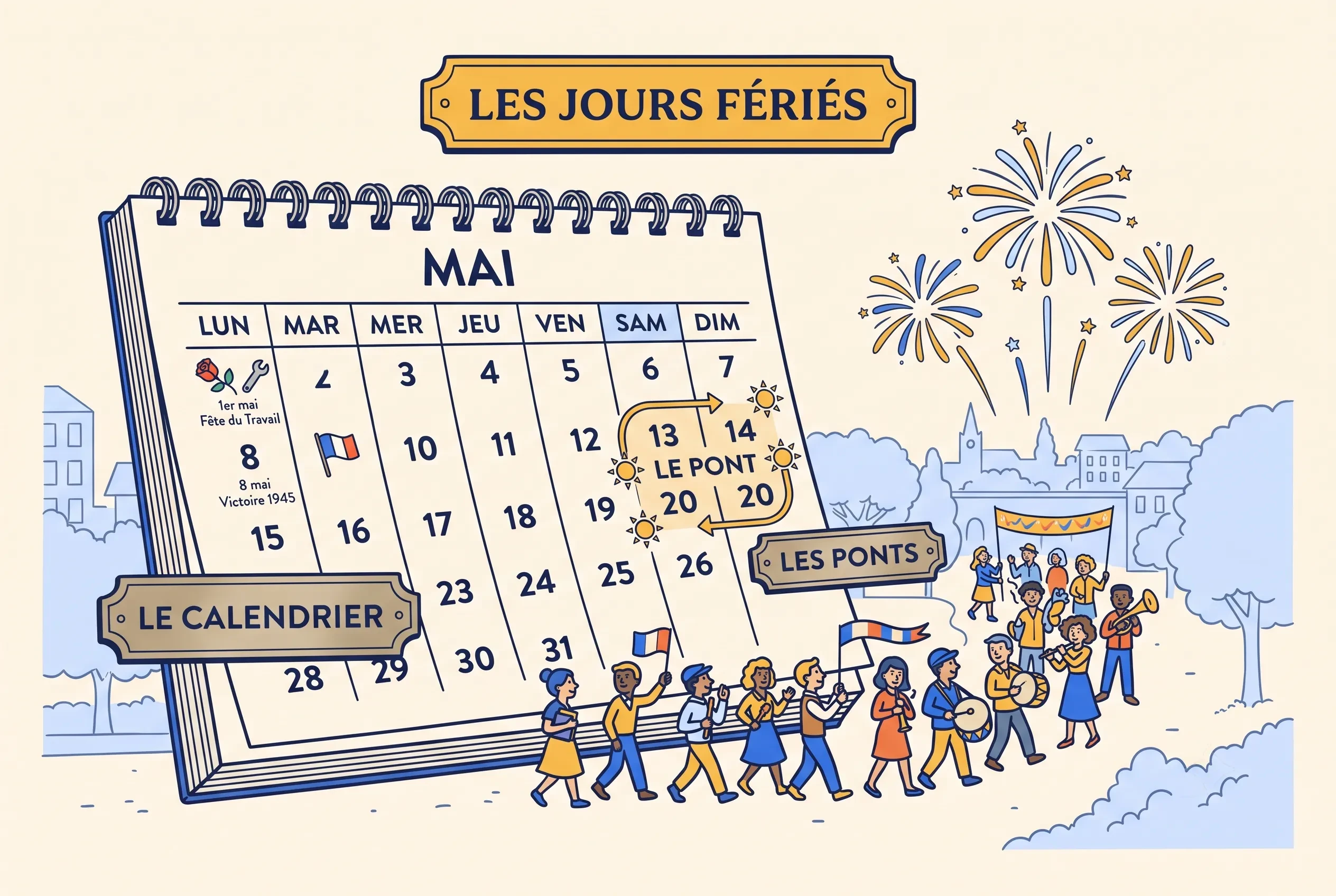 Illustration of French public holidays explained on a calendar