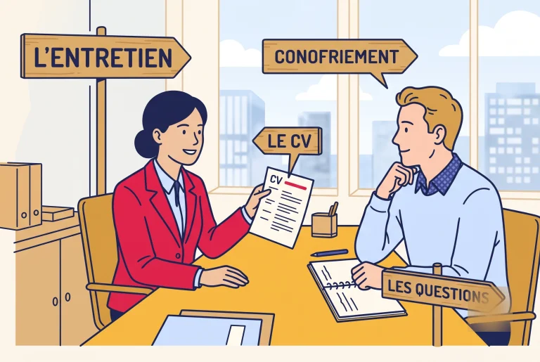 Illustration of a French job interview with a CV and interview questions