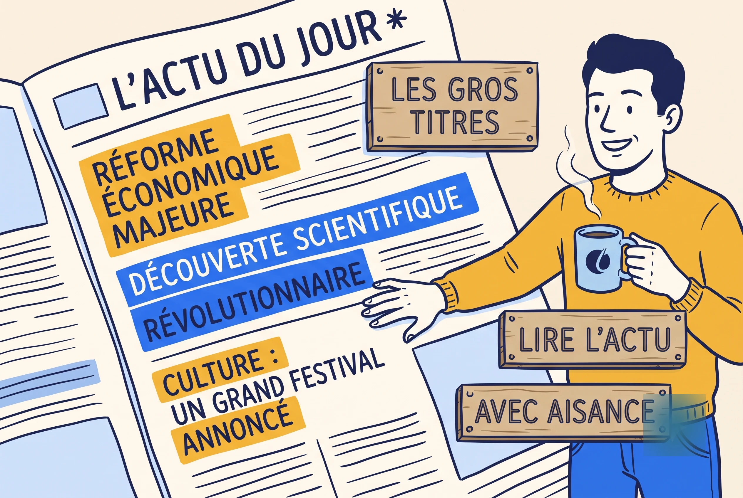 Illustration of French news phrases and headlines on a newspaper front page